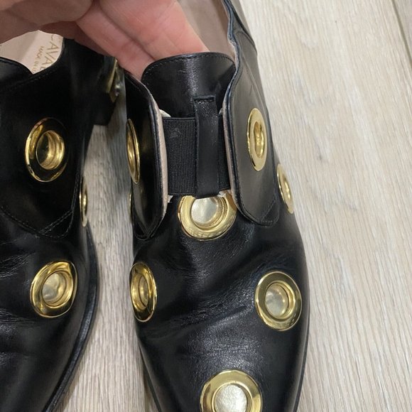 Cavallini Black Leather Studded Gold Heel Loafers Size 37 - Picture 10 of 12